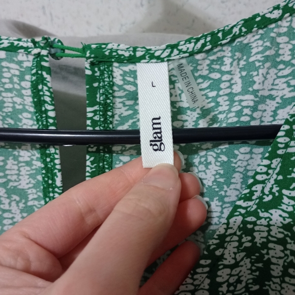 Glam Dress Womens L Fit & Flare Peasant Chiffon Cottagecore Green White Modest - Picture 2 of 6